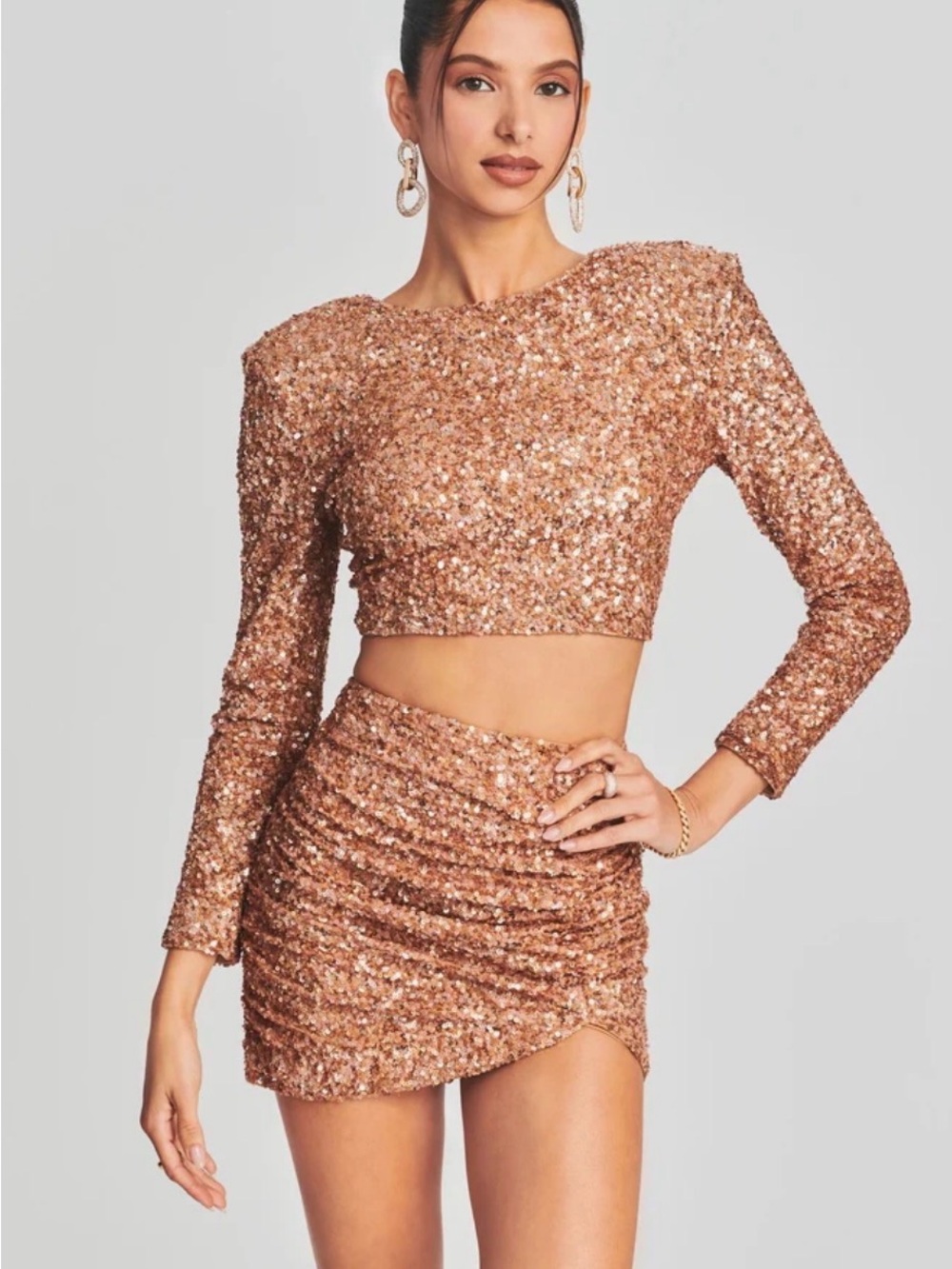 NWT Retrofete Rose Gold Sequin Mini Skirt And Long Sleeve Top Set Size Medium